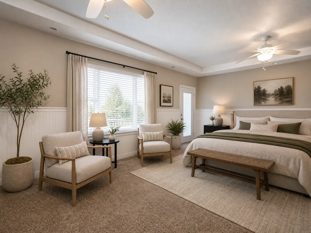 Same bedroom after an AI redesign in an Industrial Loft direction — furniture cleared and replaced, both ceiling fans and the tray ceiling unchanged