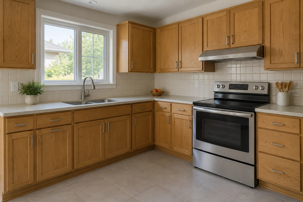 AI-created example kitchen with oak cabinet fronts, a sink, tiled backsplash and stainless steel stove