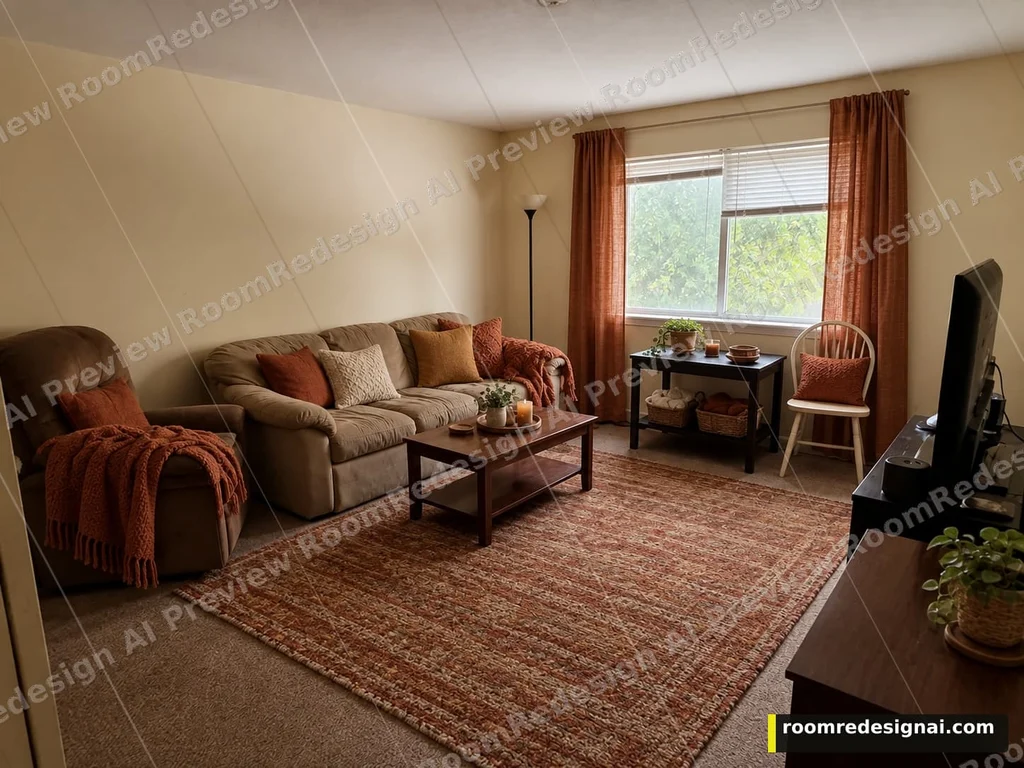 Actual watermarked preview adding earthy cushions, throws, curtains and a rug around the existing living-room furniture